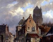 阿德里亚努斯 埃沃森 : Figures In A Snowy Village Street